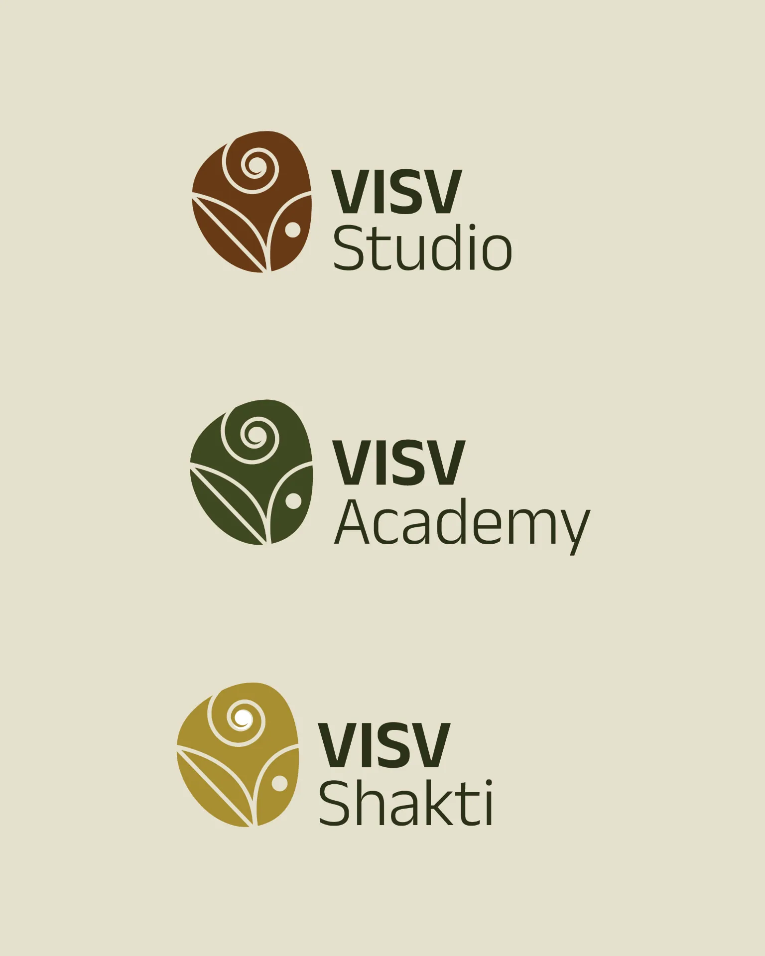 Visv Foundation sub-brand marks — VISV Studio, VISV Academy and VISV Shakti shown as stacked seed emblems in a single colour