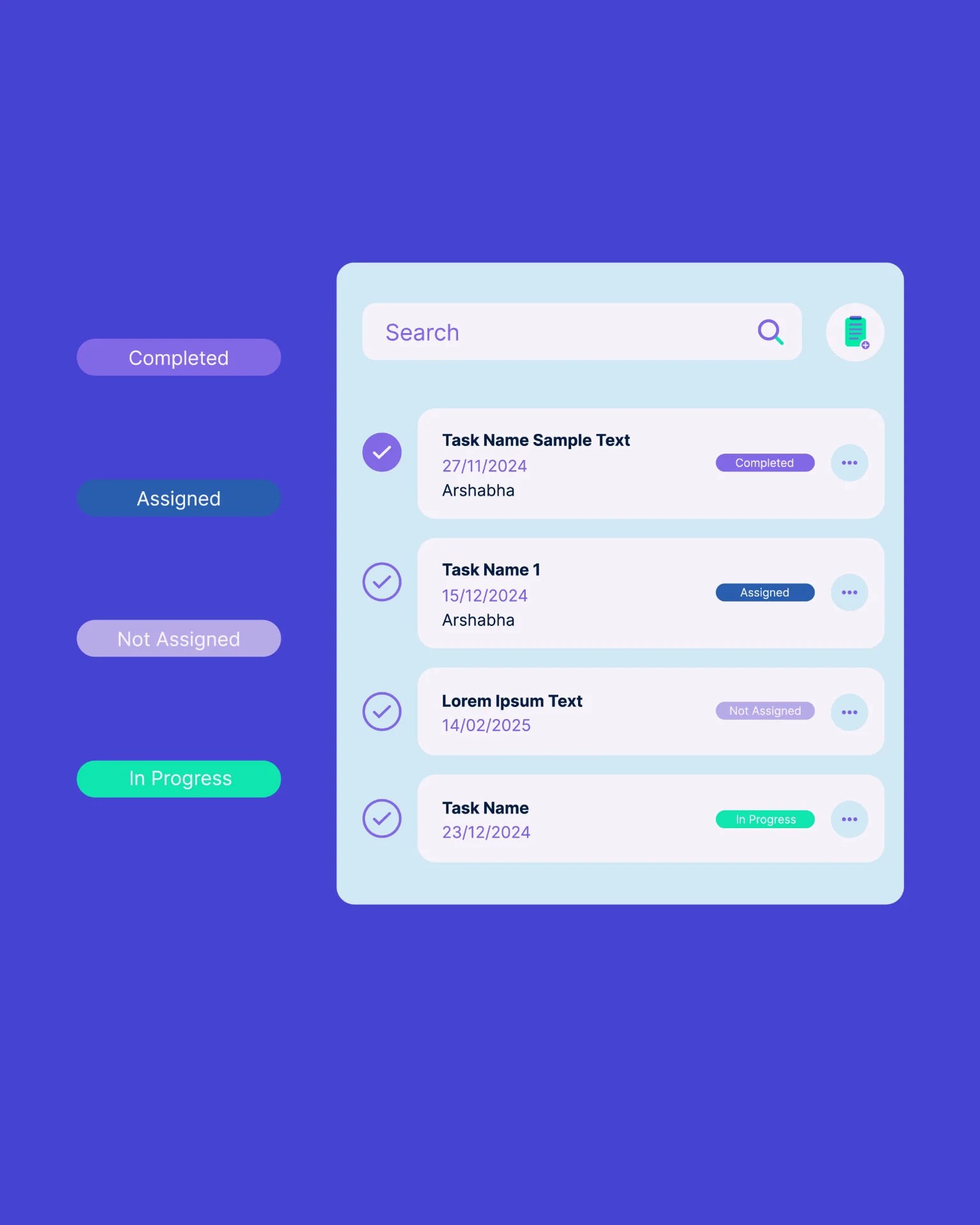 Praloop task card and status pills — Completed, Assigned, Not Assigned and In Progress badges beside a task list on a violet field