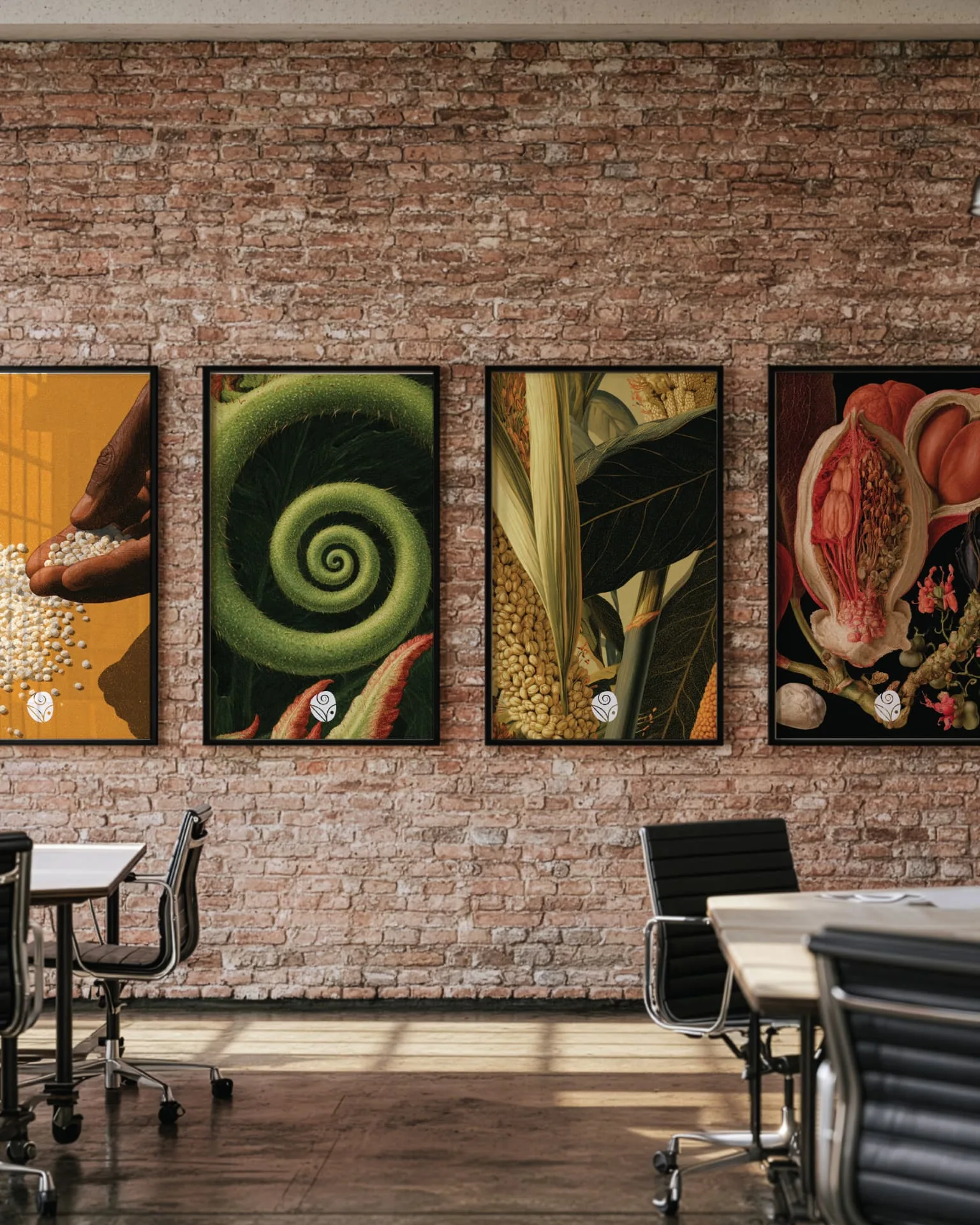 Visv Foundation office wall — four framed botanical and grain prints, each carrying the small VISV emblem