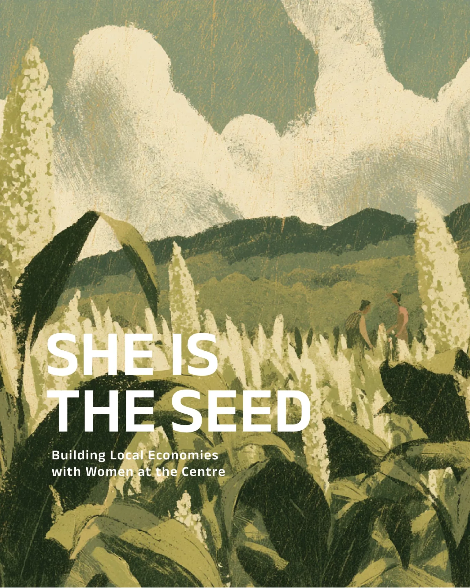 Visv Foundation poster — illustrated cover reading “She is the Seed” with two women tending millet crops before rolling hills