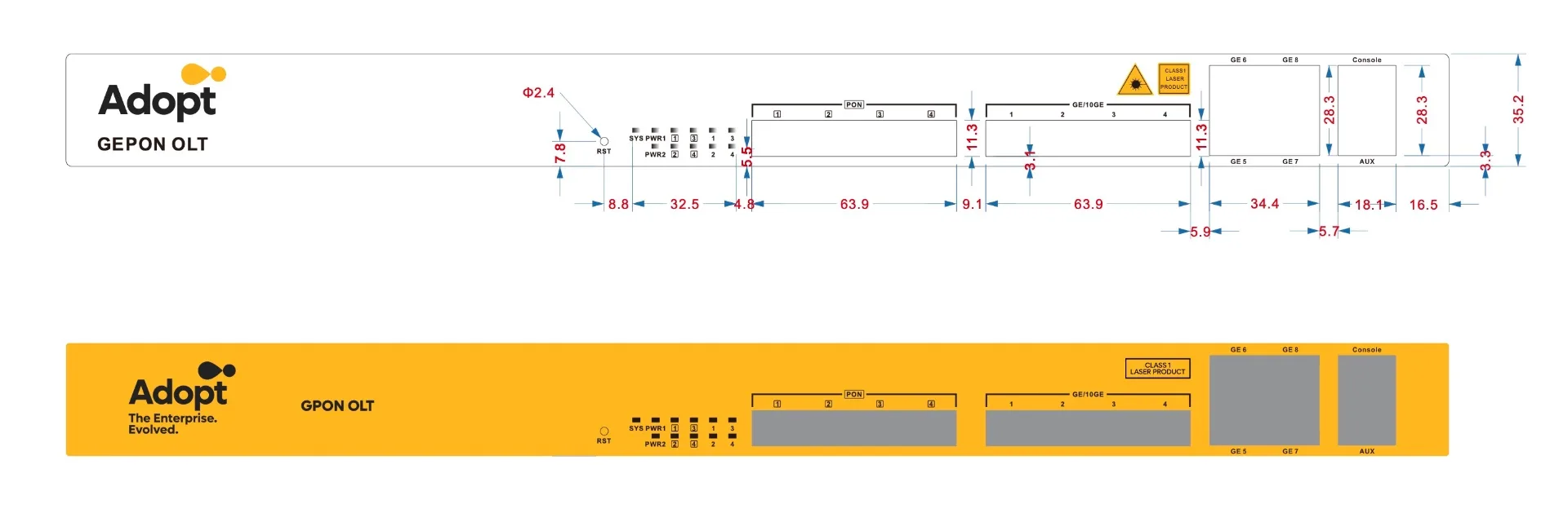 ADOPT - Technical drawing and specifications for GEPON OLT front panel