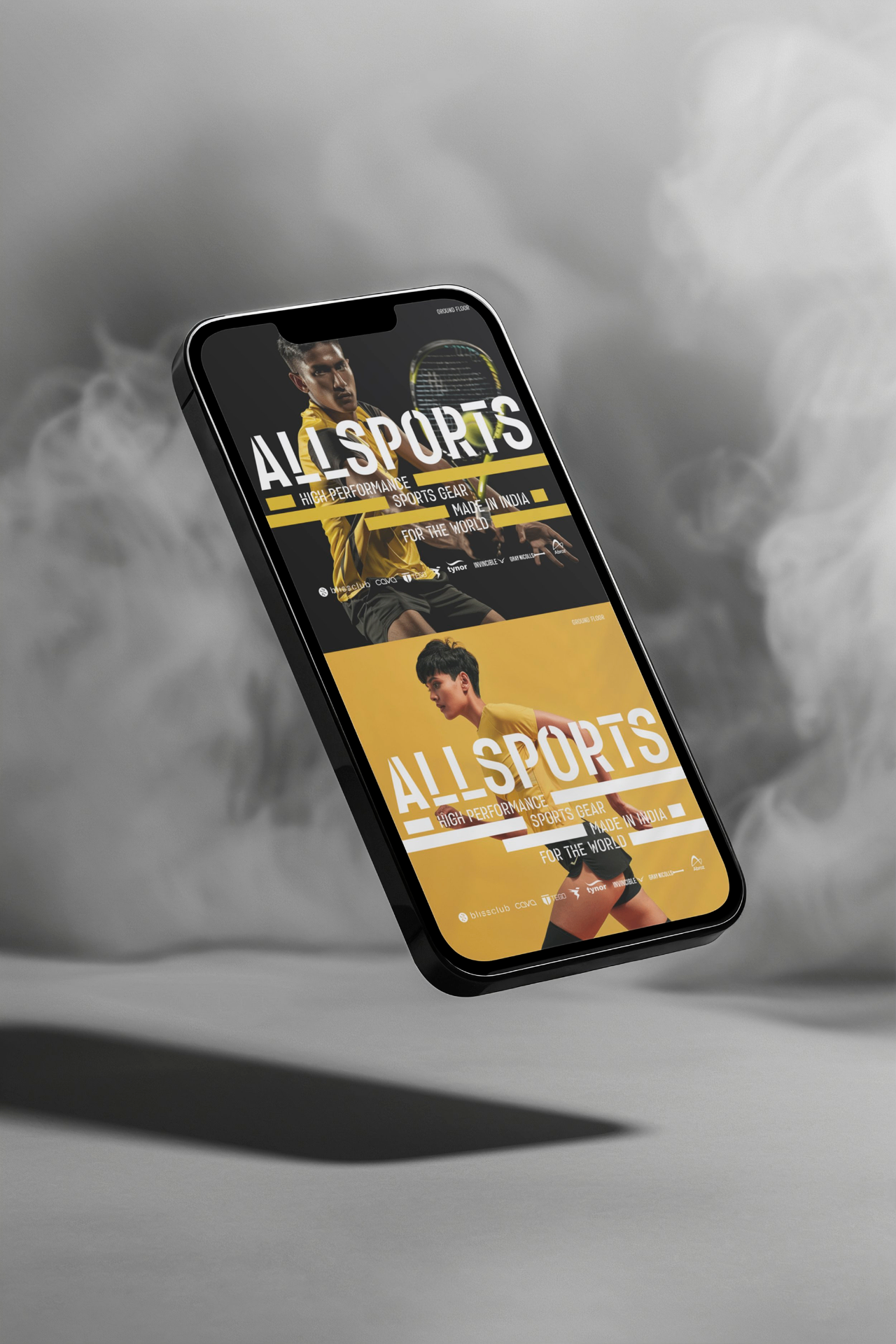ALL SPORTS - Mobile app mockup showing sports gear and branding on smartphone