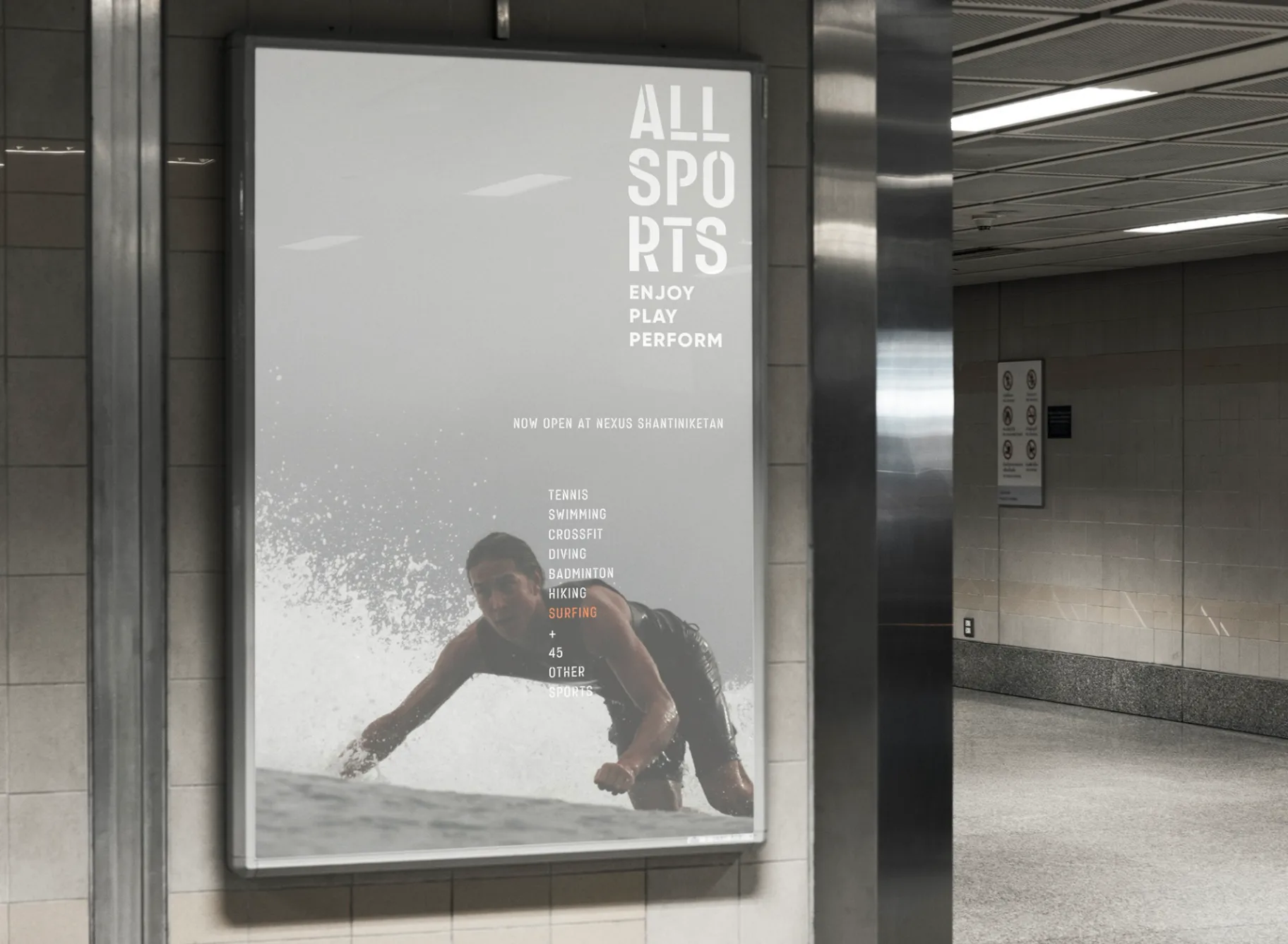 ALL SPORTS - Subway poster featuring water sports athlete with white text on dark background