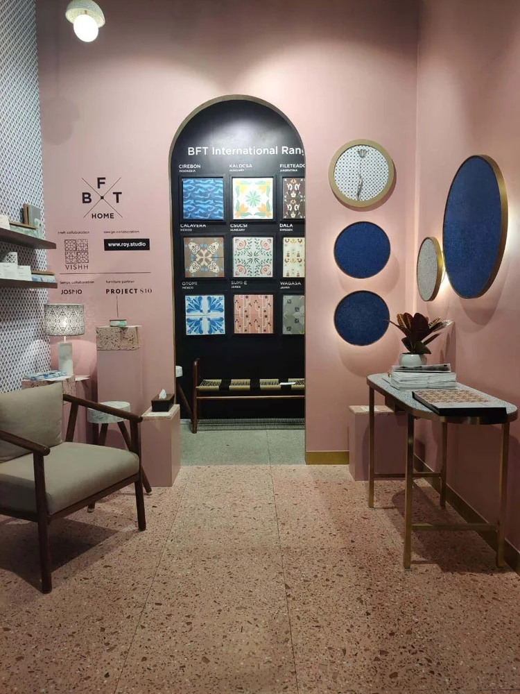 BFT Home showroom interior with pink walls and terrazzo flooring displaying product range