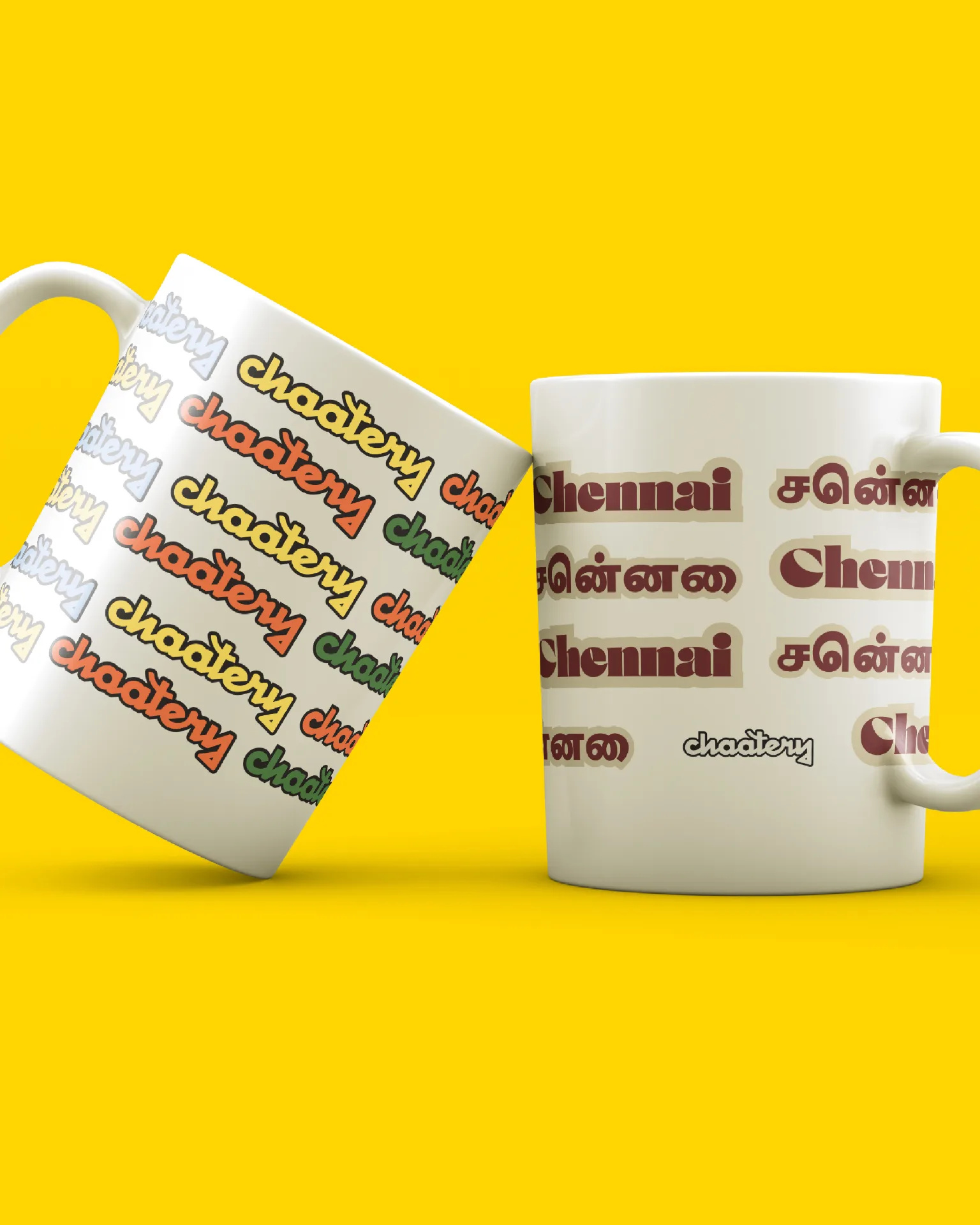 CHAATERY - Branded ceramic mugs with multi-language typography pattern