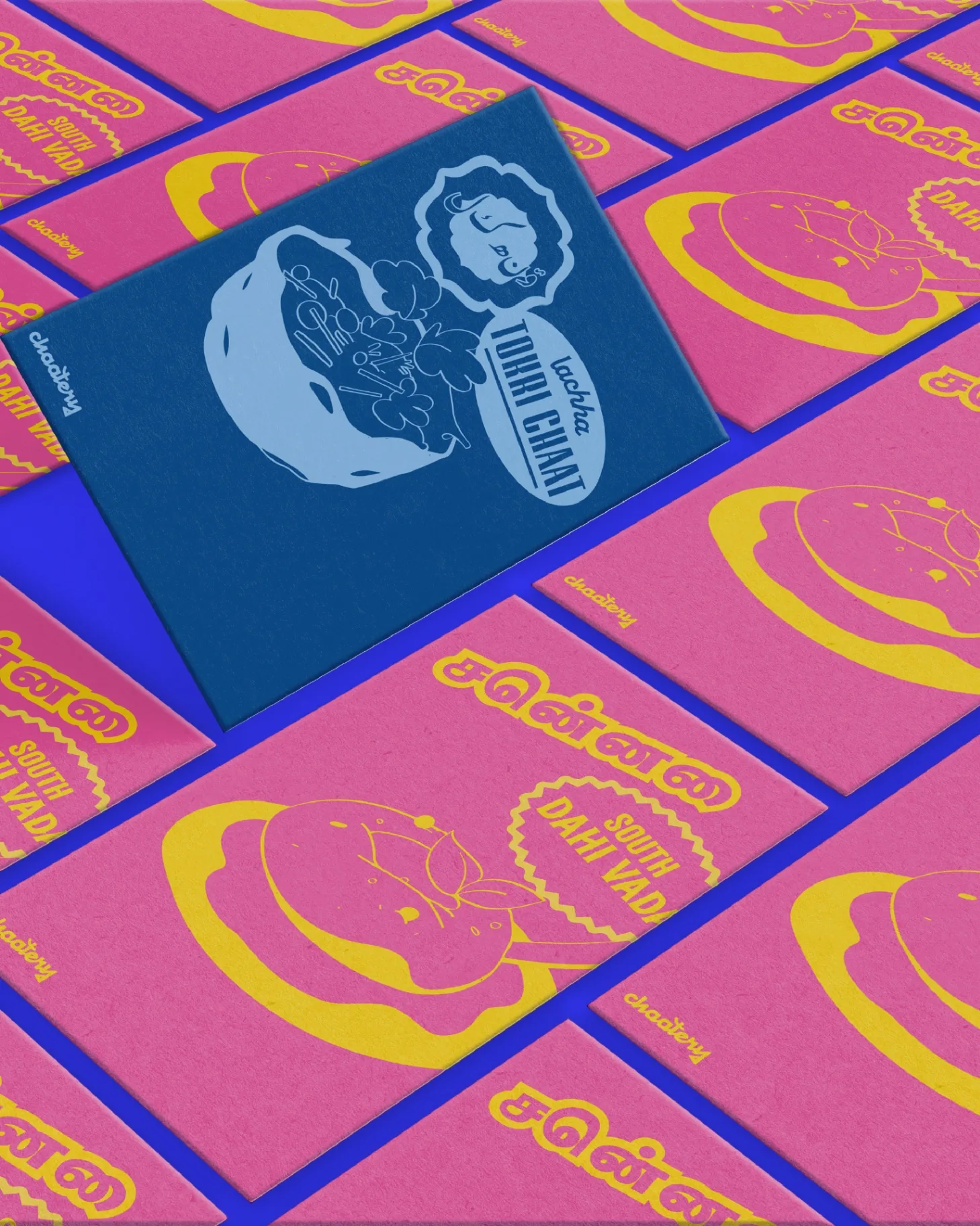 CHAATERY - Business cards featuring Vedka Chaat illustration on vibrant pink and blue backgrounds