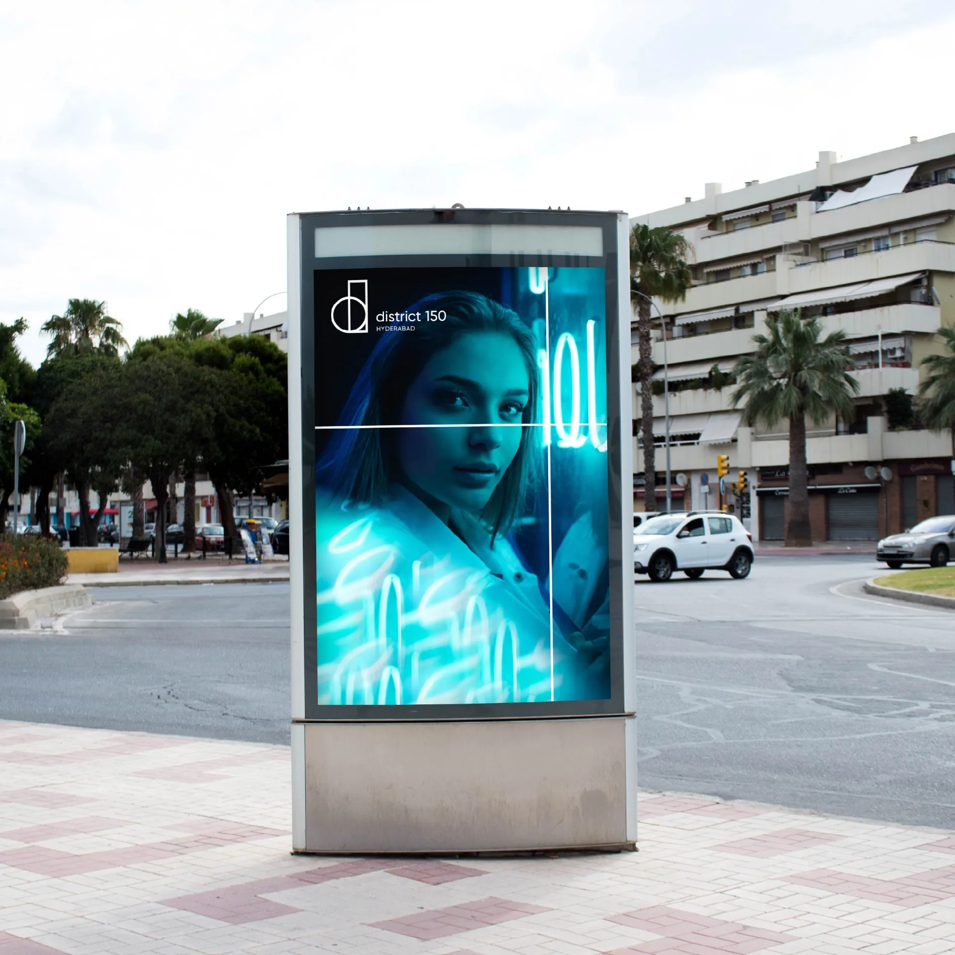District 150 - Outdoor billboard advertising with brand colors and messaging