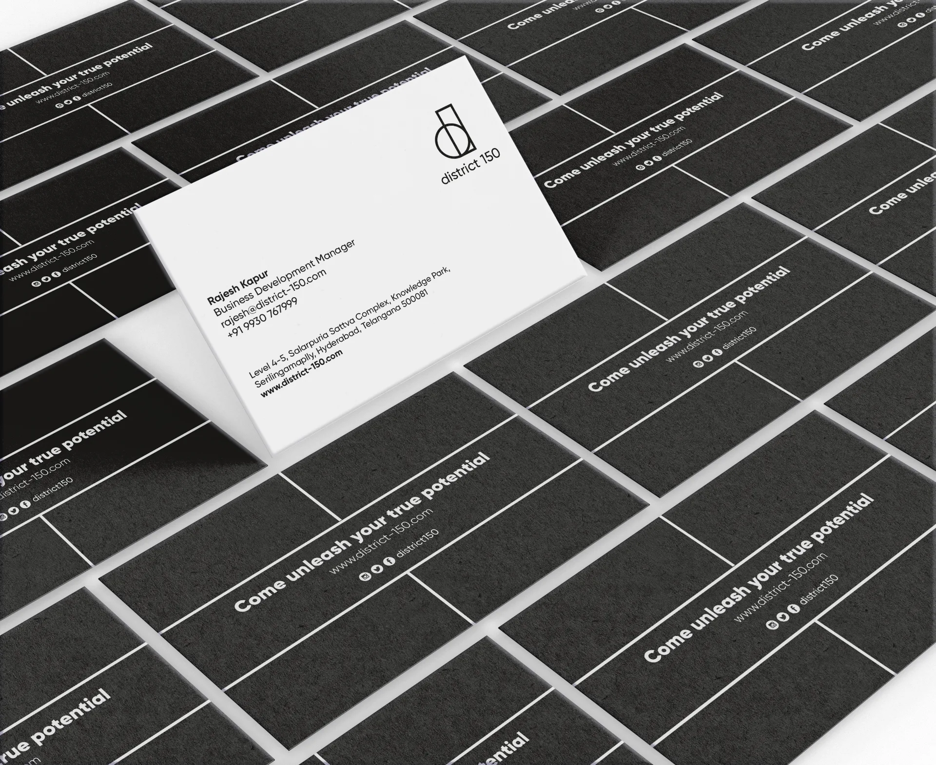 District 150 - Business card design with minimal layout and brand elements