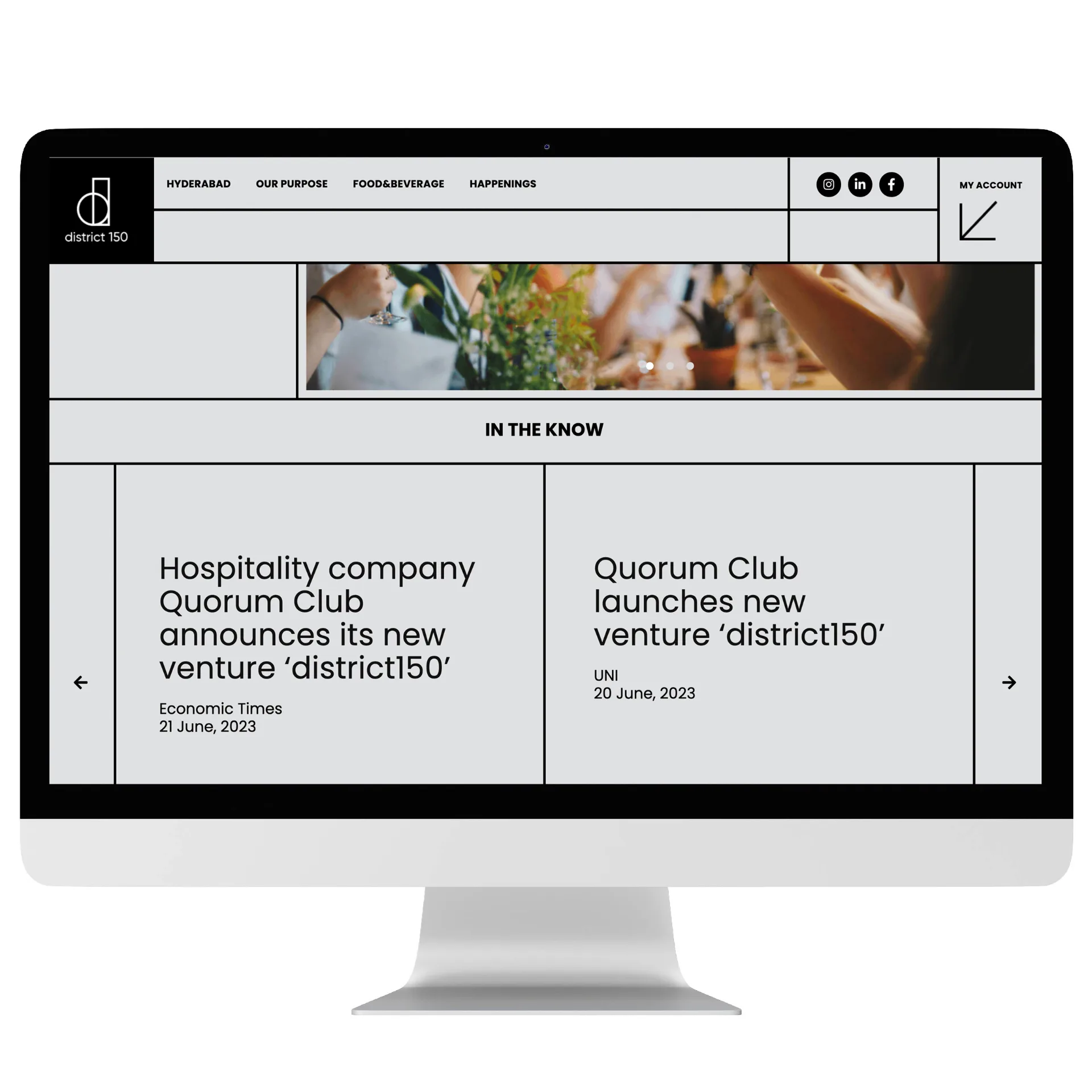 District 150 - Website design showing 'In the Know' news section with Economic Times and UNI articles