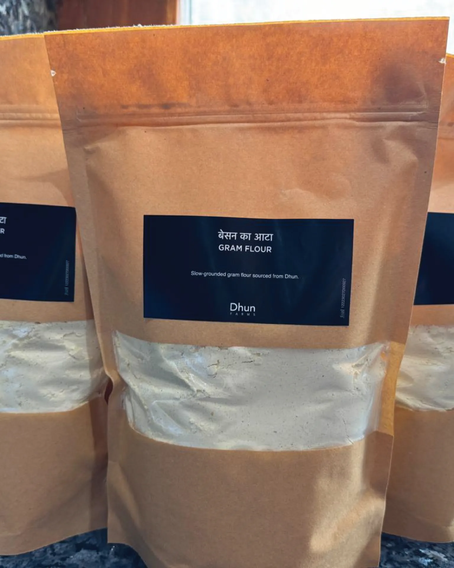 DHUN - Dhun Farms Gram Flour product packaging with sustainable branding