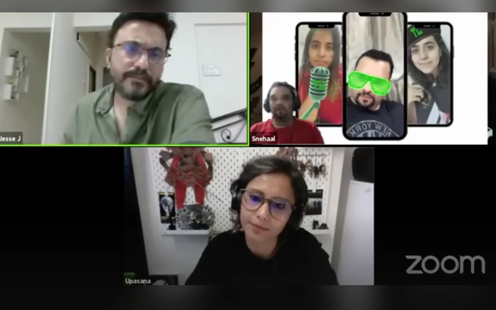 Zoom call grid with Upasana Nattoji Roy, Jesse J and Snehaal in video tiles — Engaging Fans With Visual Experiences