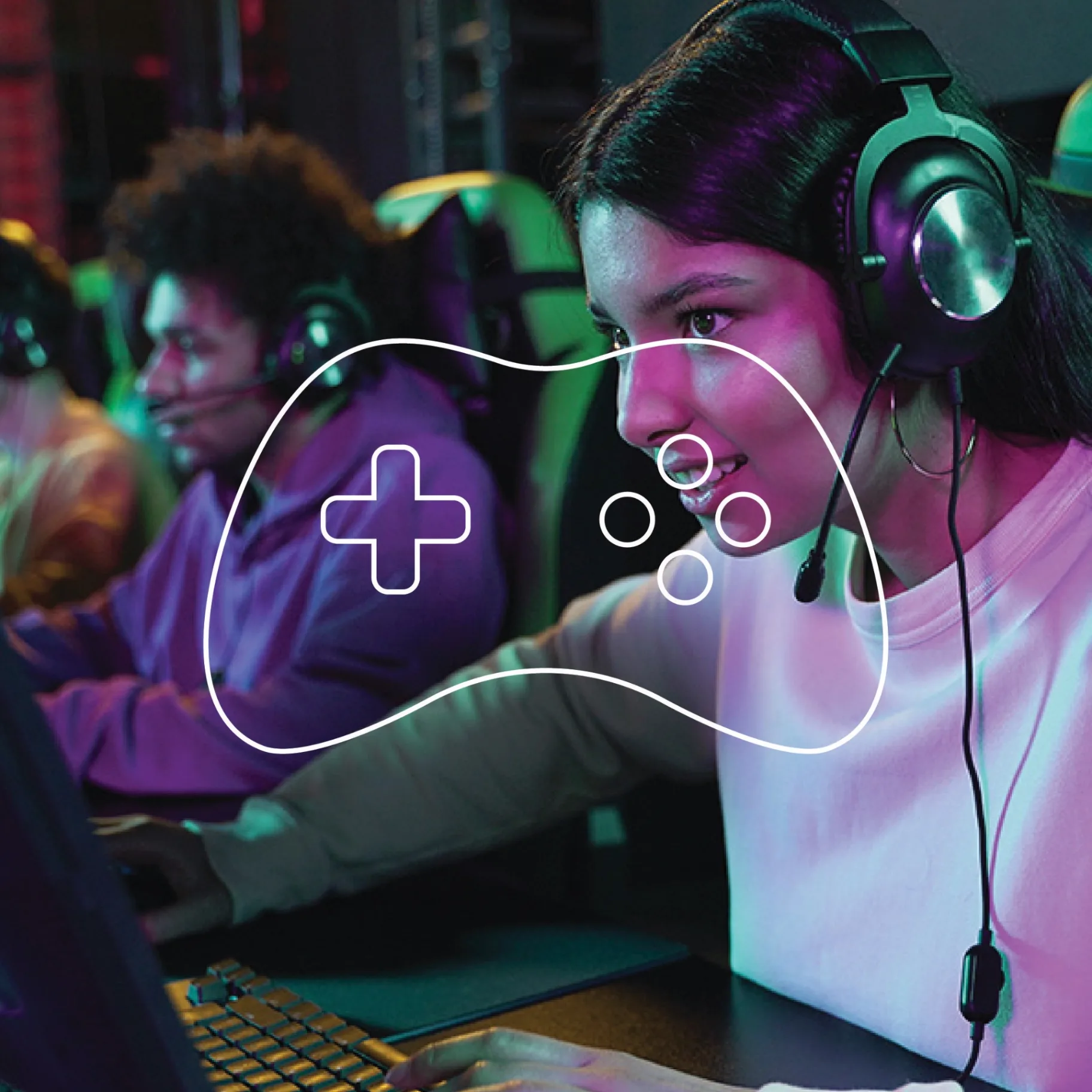 GamingCon gamer with headset and game controller icon overlay in purple and green lighting