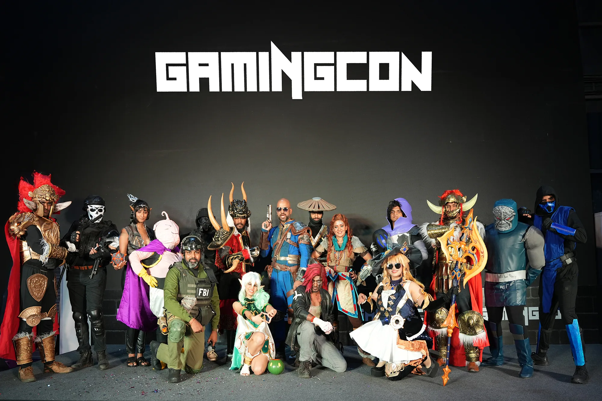 GamingCon cosplay group photo featuring diverse gaming and pop culture characters