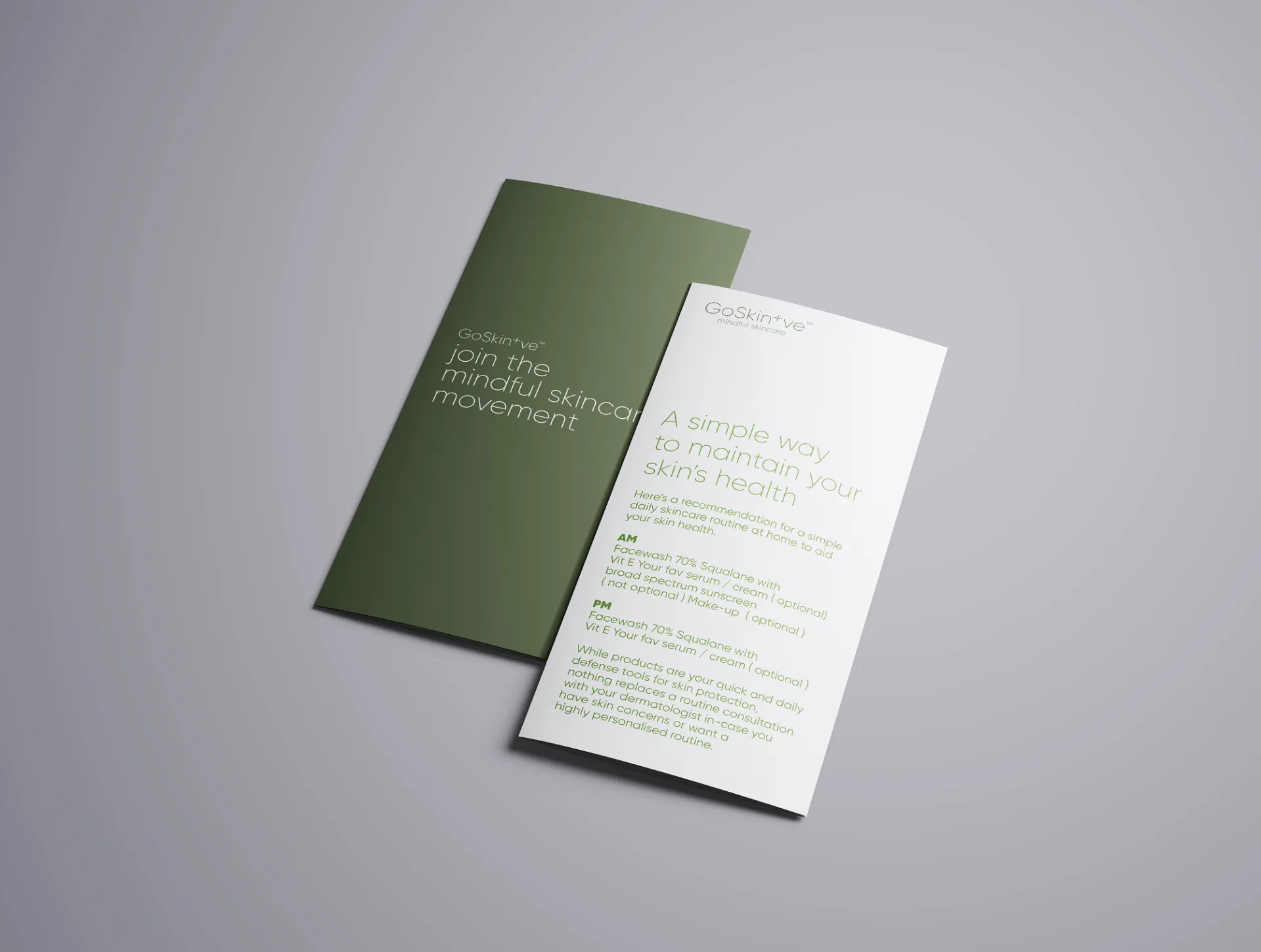 GoSkin+ve branded leaflets featuring mindful skincare movement messaging and daily skincare routine guidance