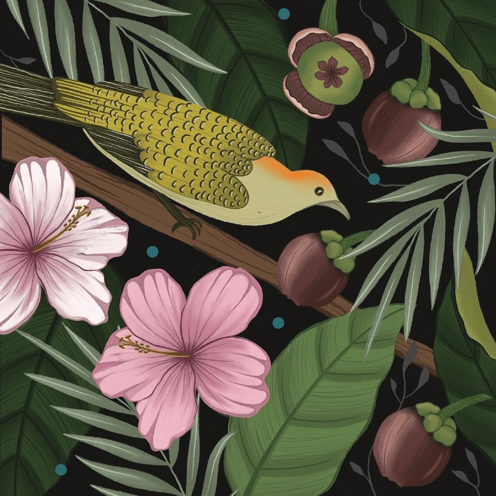 HOSA GOA - Golden oriole bird with pink hibiscus flowers and tropical botanical elements