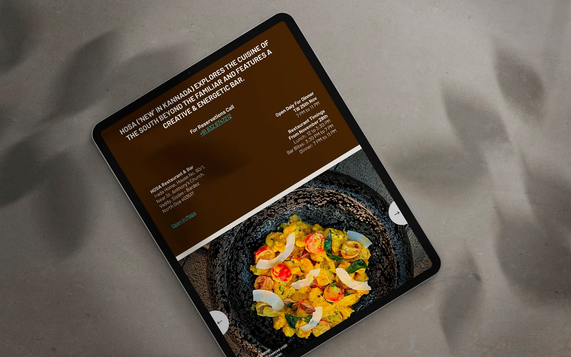 HOSA GOA - iPad app interface showing restaurant menu and South Indian cuisine