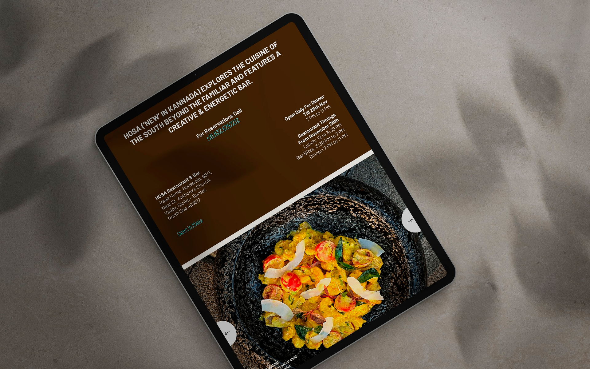 HOSA GOA - iPad app interface showing restaurant menu and South Indian cuisine
