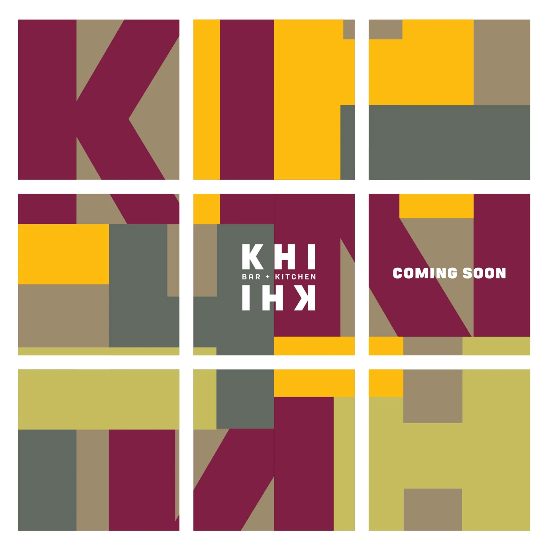 KHI KHI brand elements grid featuring color blocks, logo compositions, and 'COMING SOON' announcement in brand colors