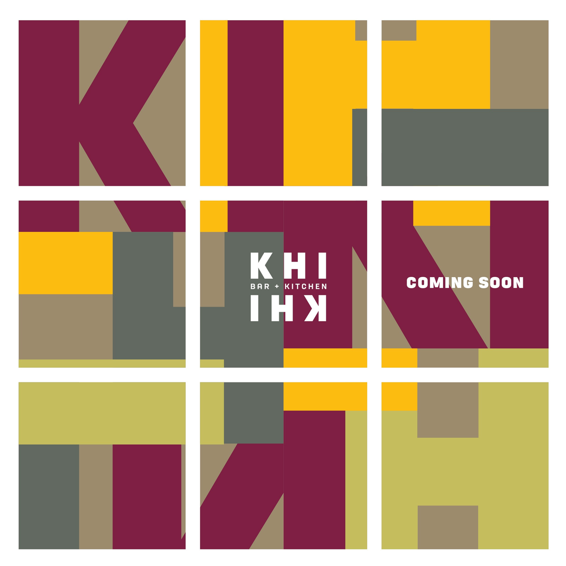 KHI KHI brand elements grid featuring color blocks, logo compositions, and 'COMING SOON' announcement in brand colors