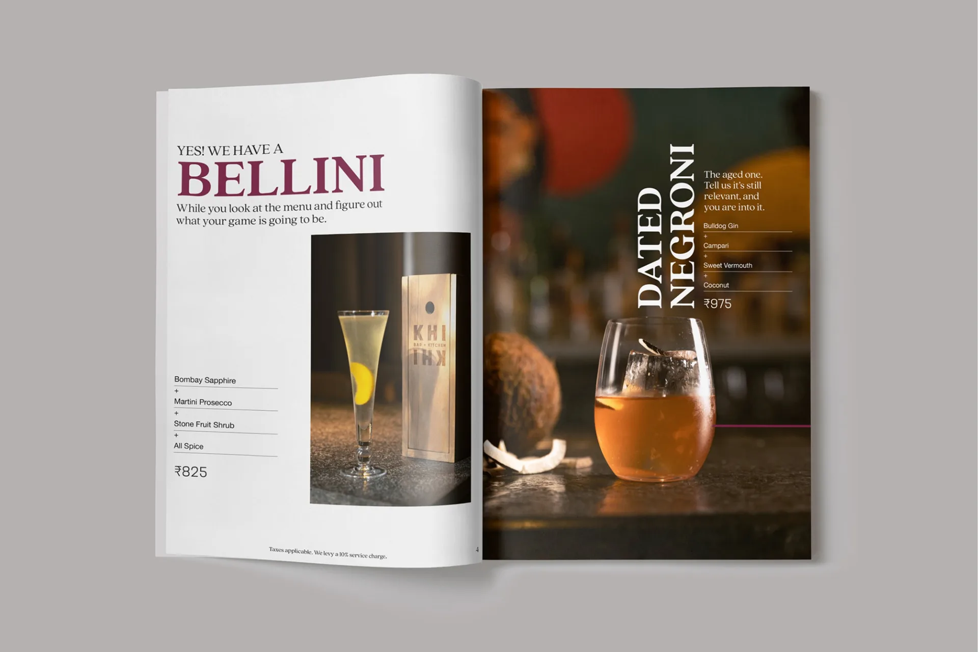 KHI KHI cocktail menu spread featuring BELLINI and DATED NEGRONI pages with detailed drink descriptions and branding