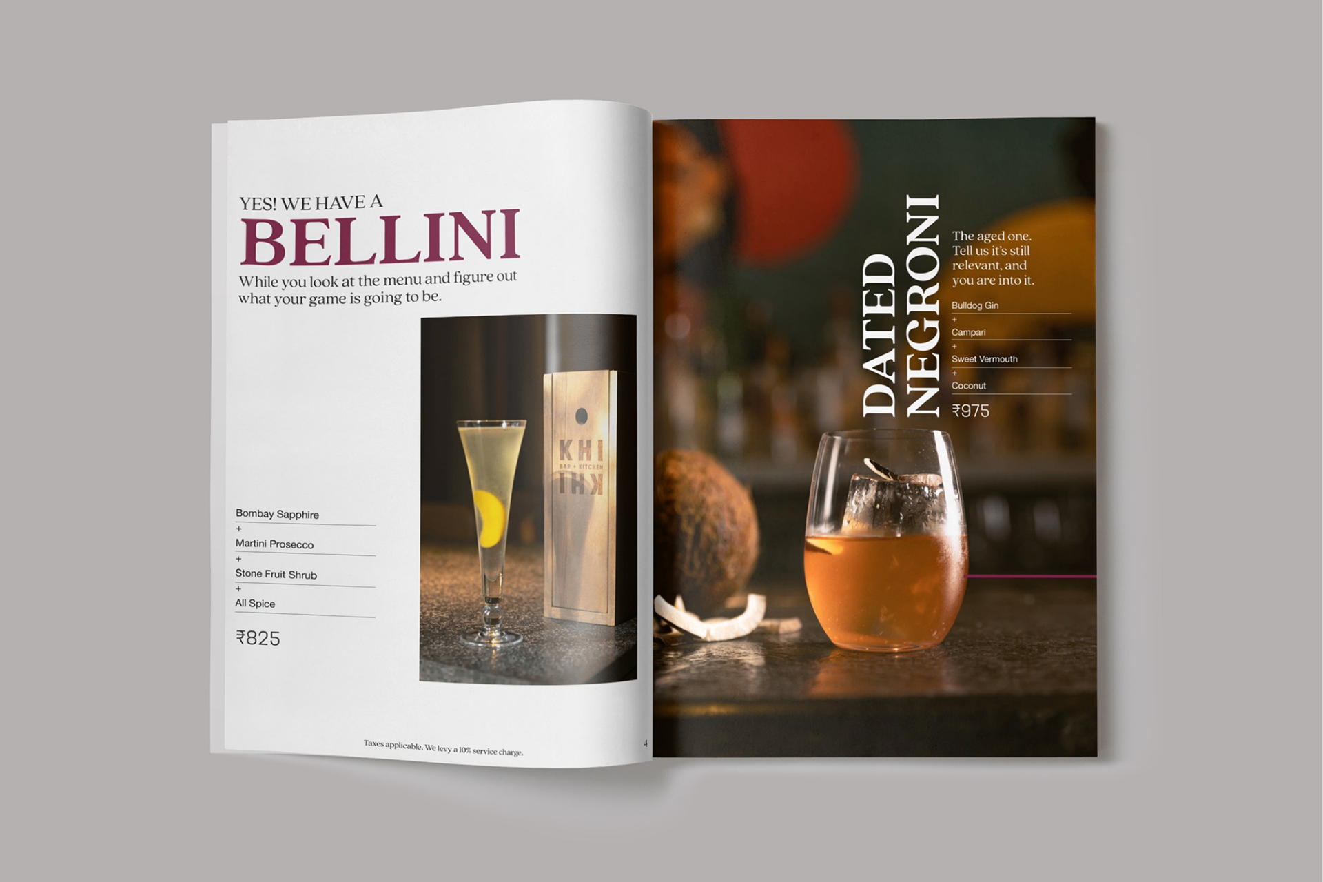 KHI KHI cocktail menu spread featuring BELLINI and DATED NEGRONI pages with detailed drink descriptions and branding