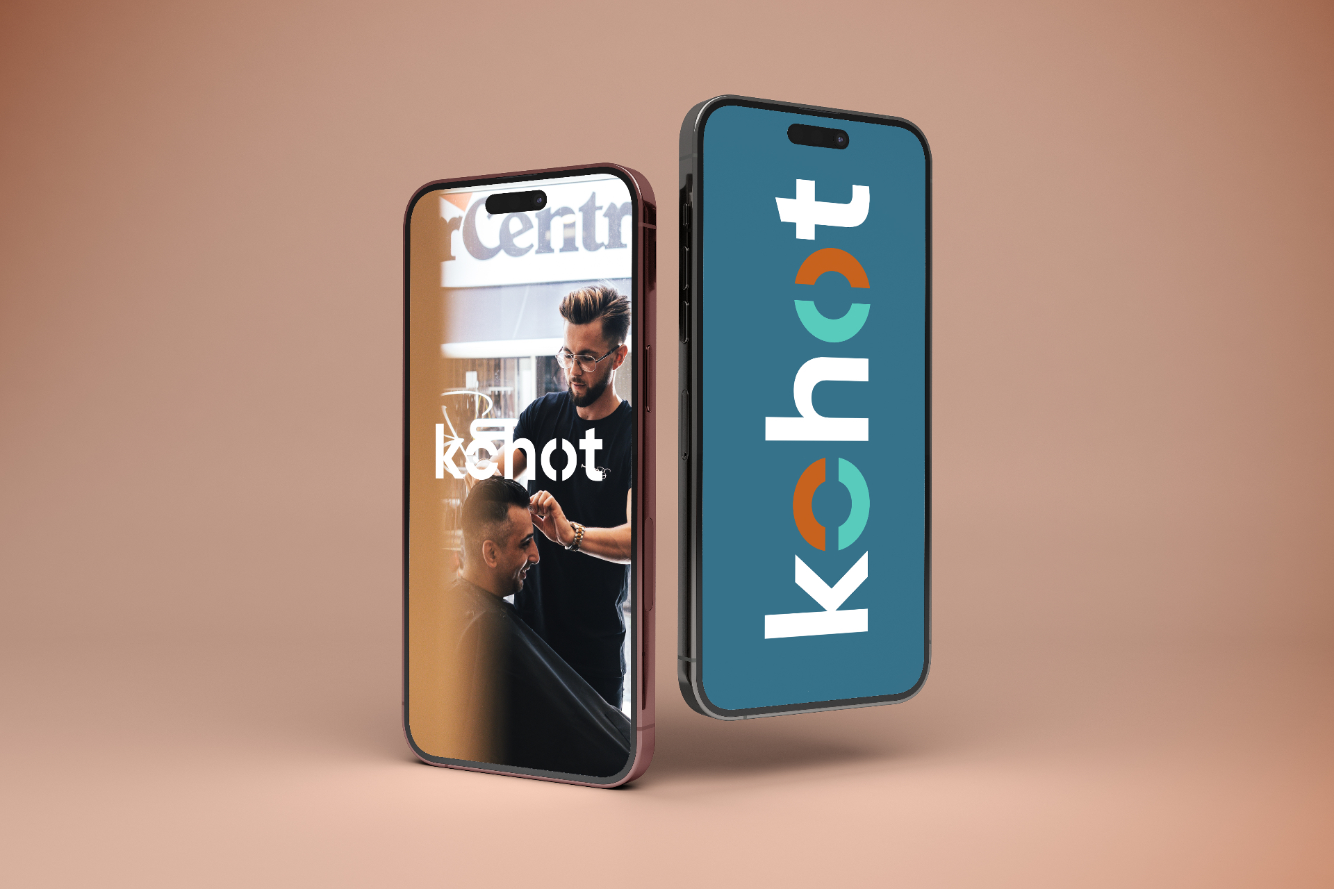 KOHOT - Mobile app interface mockup showing vertical logo and salon professional using platform