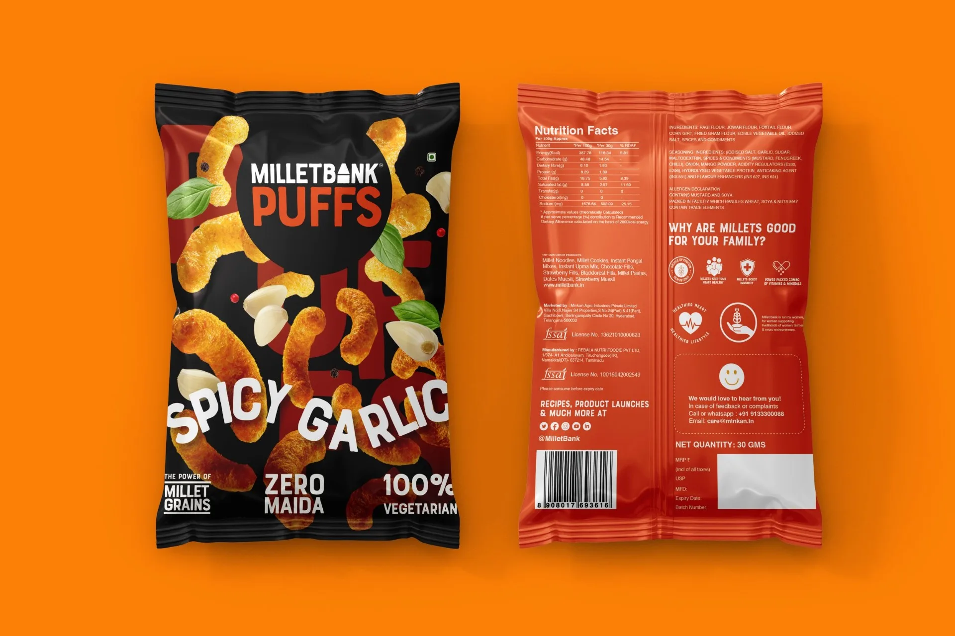Millet Bank - Spicy Garlic Puffs snack packaging