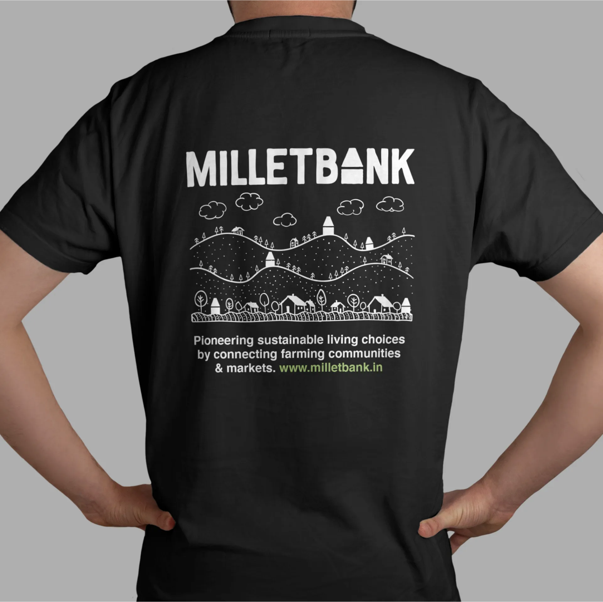 Millet Bank - Black t-shirt back view with sustainable living message and brand illustration