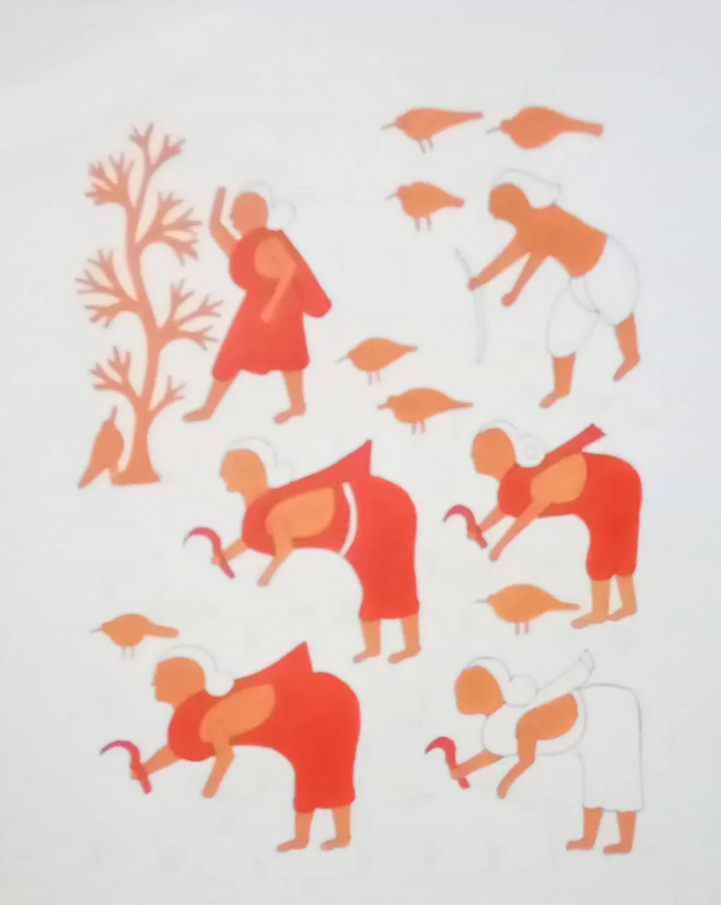 Taru Naturals - Orange and red silhouettes of farmers engaged in traditional farming activities and harvesting