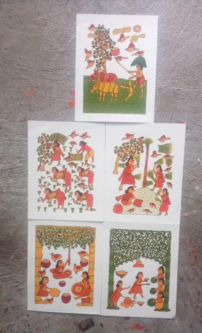 Taru Naturals - Multiple Gond art paintings depicting farmers, agricultural activities, and rural life with vibrant colors