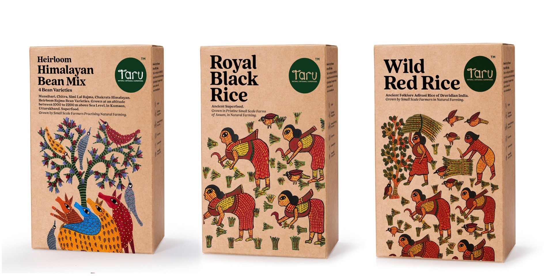 TARU NATURALS - Taru Naturals is a grassroots collective of 10,000+ small-scale farmers across India. The new packaging identity celebrates community, craft, and sustainability, showcasing tribal art while reflecting the brand's fair-trade ethos.