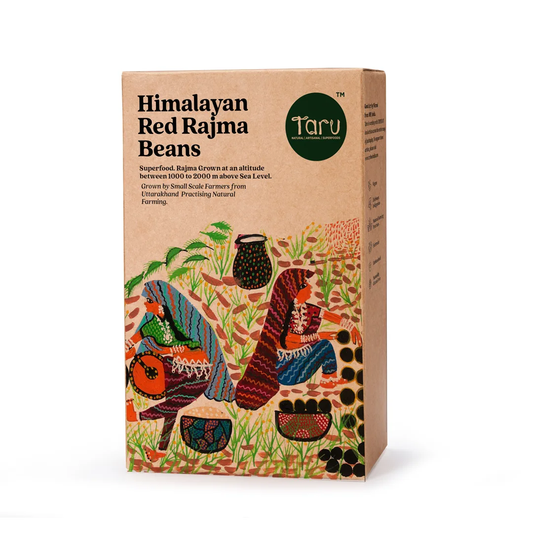 Taru Naturals - Himalayan Red Rajma Beans packaging featuring Gond art of women farmers working in bean fields