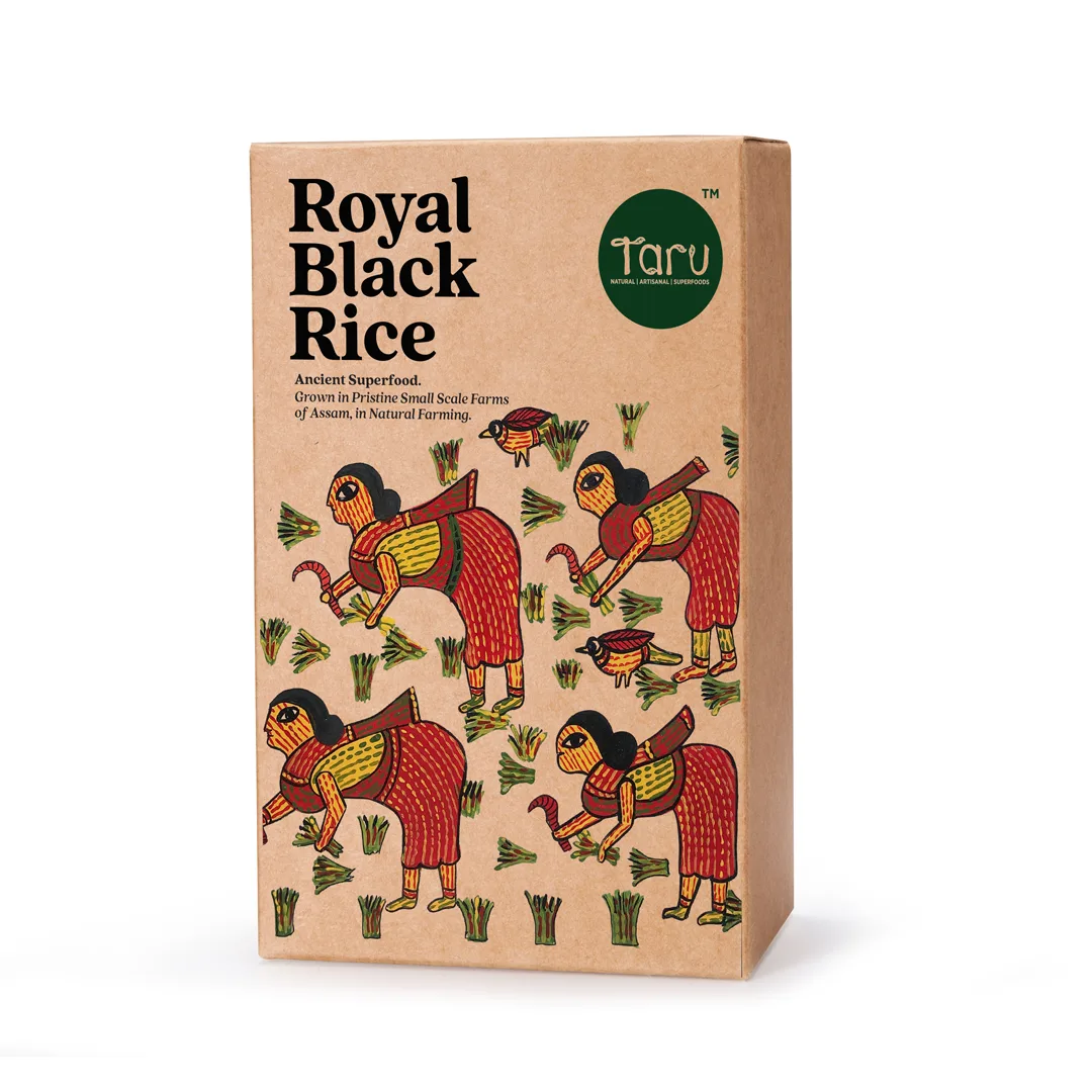 Taru Naturals - Royal Black Rice packaging box featuring tribal Gond art of farmers harvesting in fields