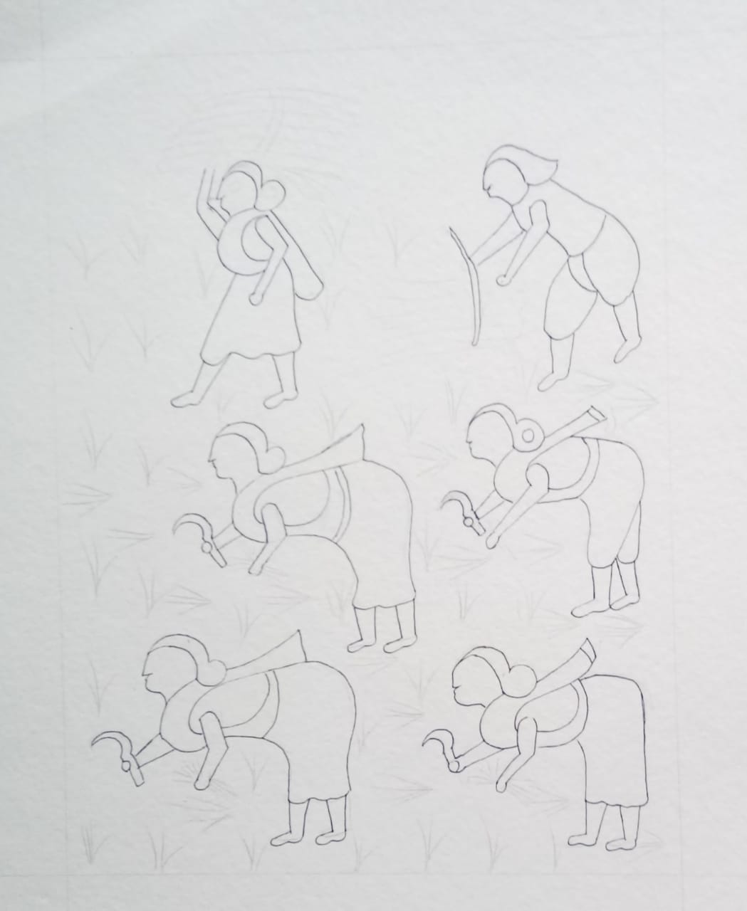 Taru Naturals - Pencil sketches showing the design development process of farmer figures and agricultural motifs