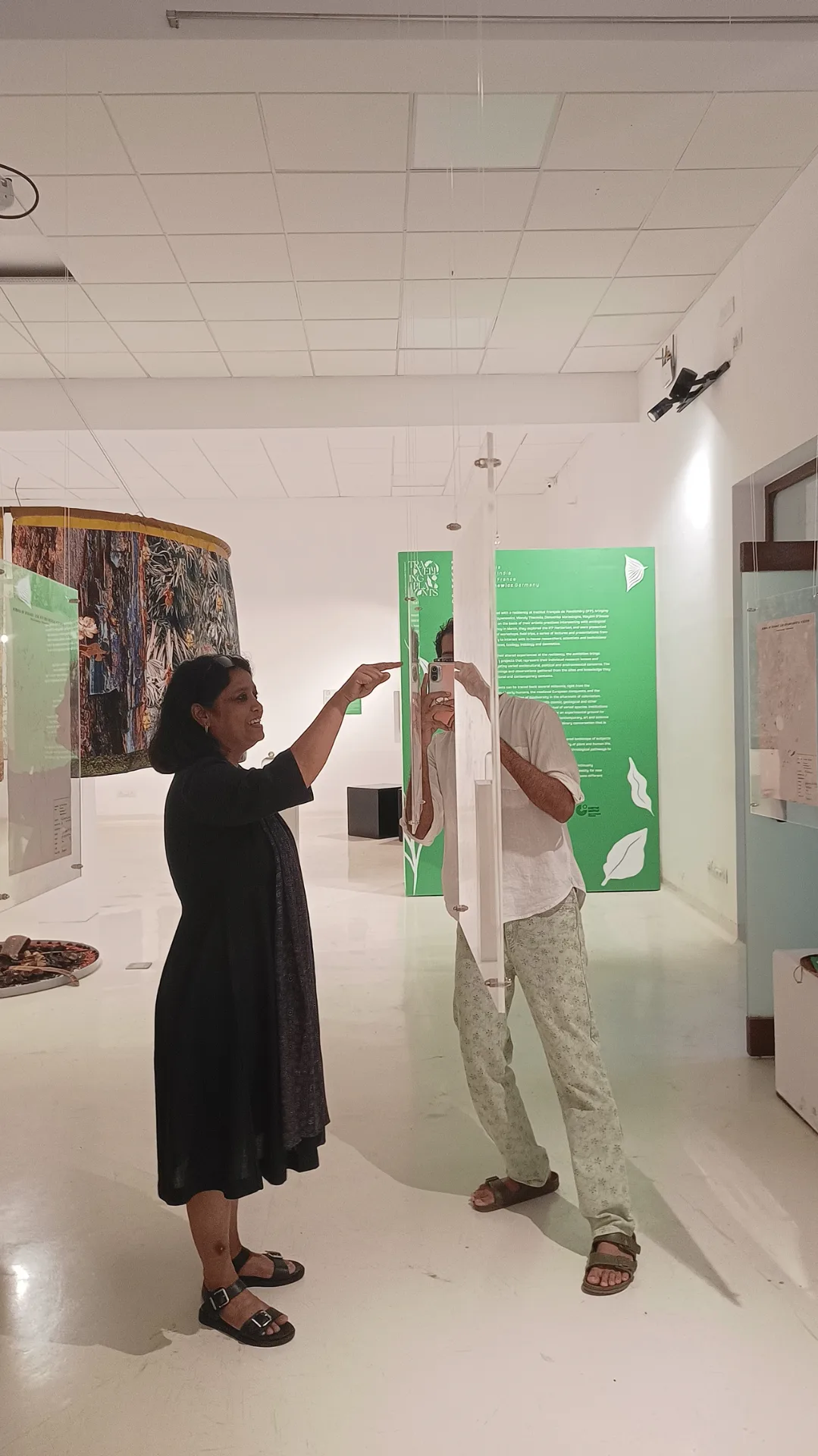 Visitors engaging with interactive exhibition displays and green informational panels in the Travelling Plants gallery space
