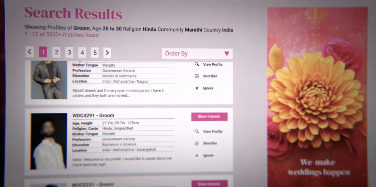 Wedding.con documentary graphic - Matrimonial search results showing groom profiles