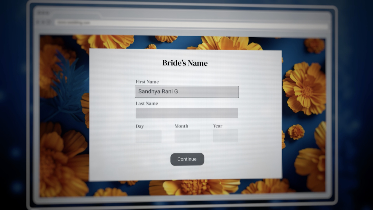Wedding.con documentary graphic - Bride registration form interface with floral background