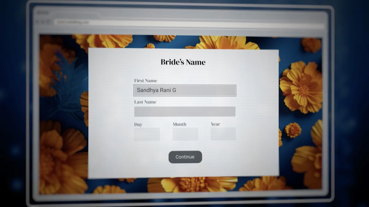Wedding.con documentary graphic - Bride registration form interface with floral background